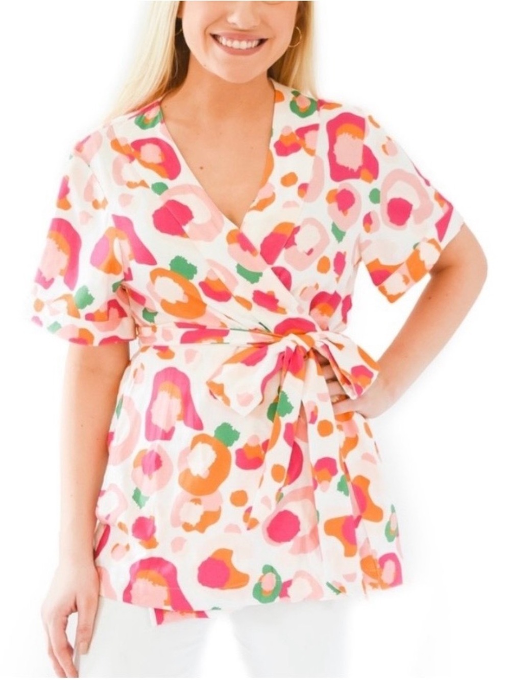 Emily McCarthy Floral Wrap Top Blouse Tie Waist Pink Orange Size M